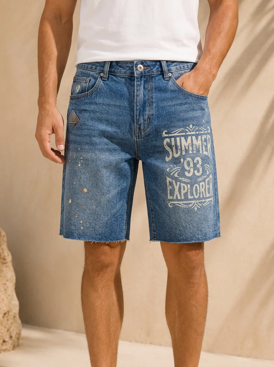 Men's Summer Explorer 93 Paint Splatter Printed Denim Shorts