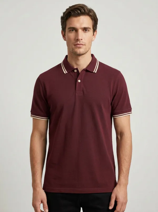 Men's Navy Blue Contrast Striped Collar Printed Polo Shirt