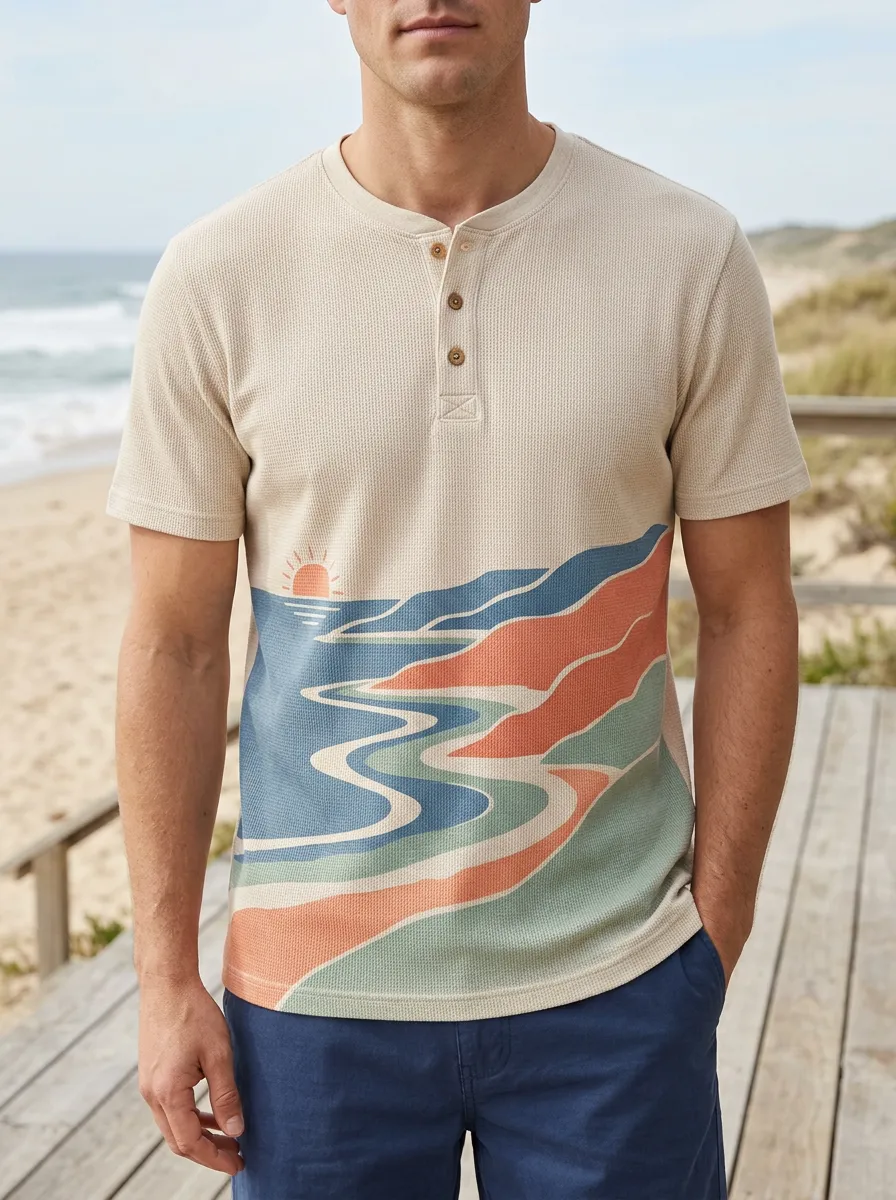 Men's Beach Lover Sunset Landscape Printed Henley T-shirt