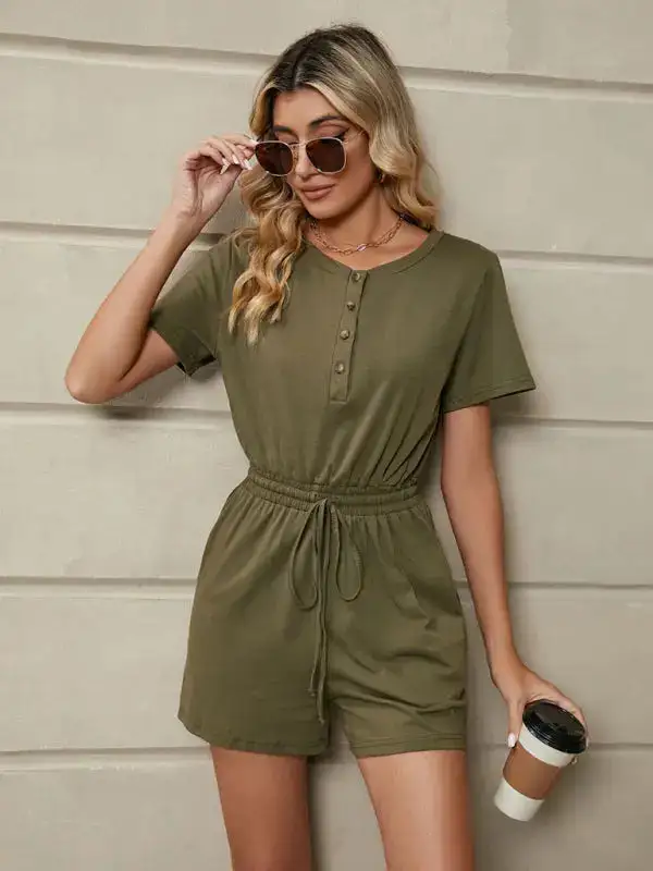 Knit Loose Short Sleeve Button Tie Shorts