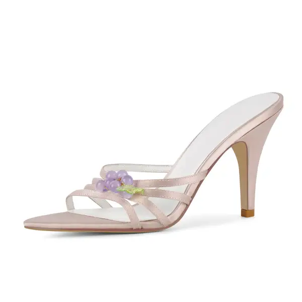 Pointed Toe Satin Grape Bead Embellished Mule Sandals