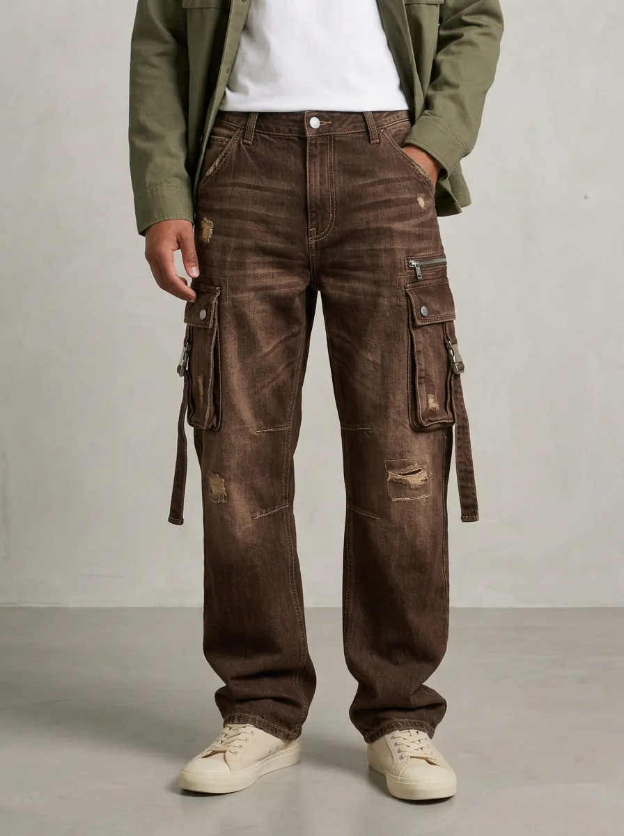 Men's Atlas Streetwear Distressed Denim Multi-Pocket Cargo Jeans