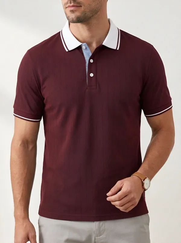 Men's Navy Vertical Striped Contrast Collar Printed Polo Shirt