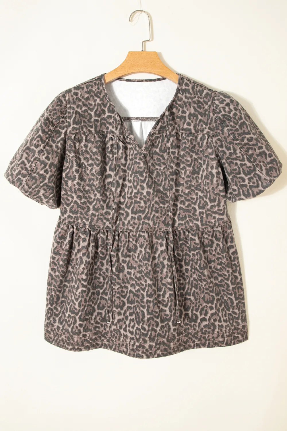 Brown Leopard Tie Neck Short Sleeve Top