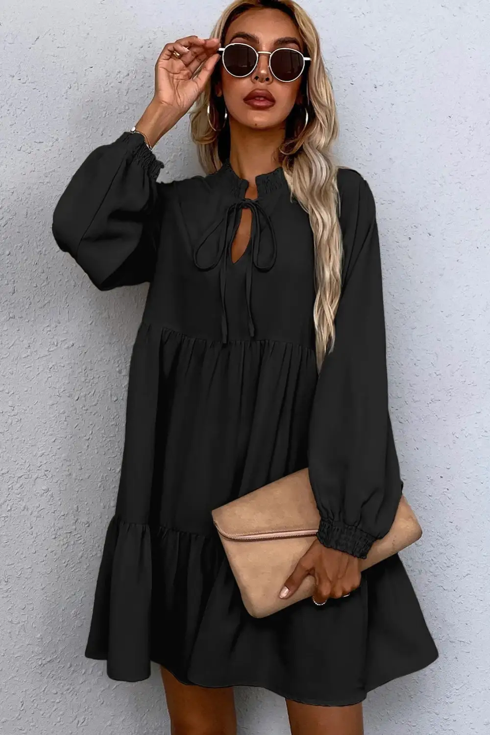 Split Neck Ruffle Smocked Dress Casual