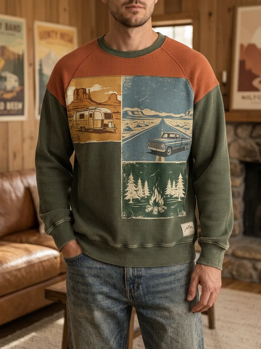 Men's Outdoor Adventure Camper Truck Printed Waffle Knit Sweatshirt