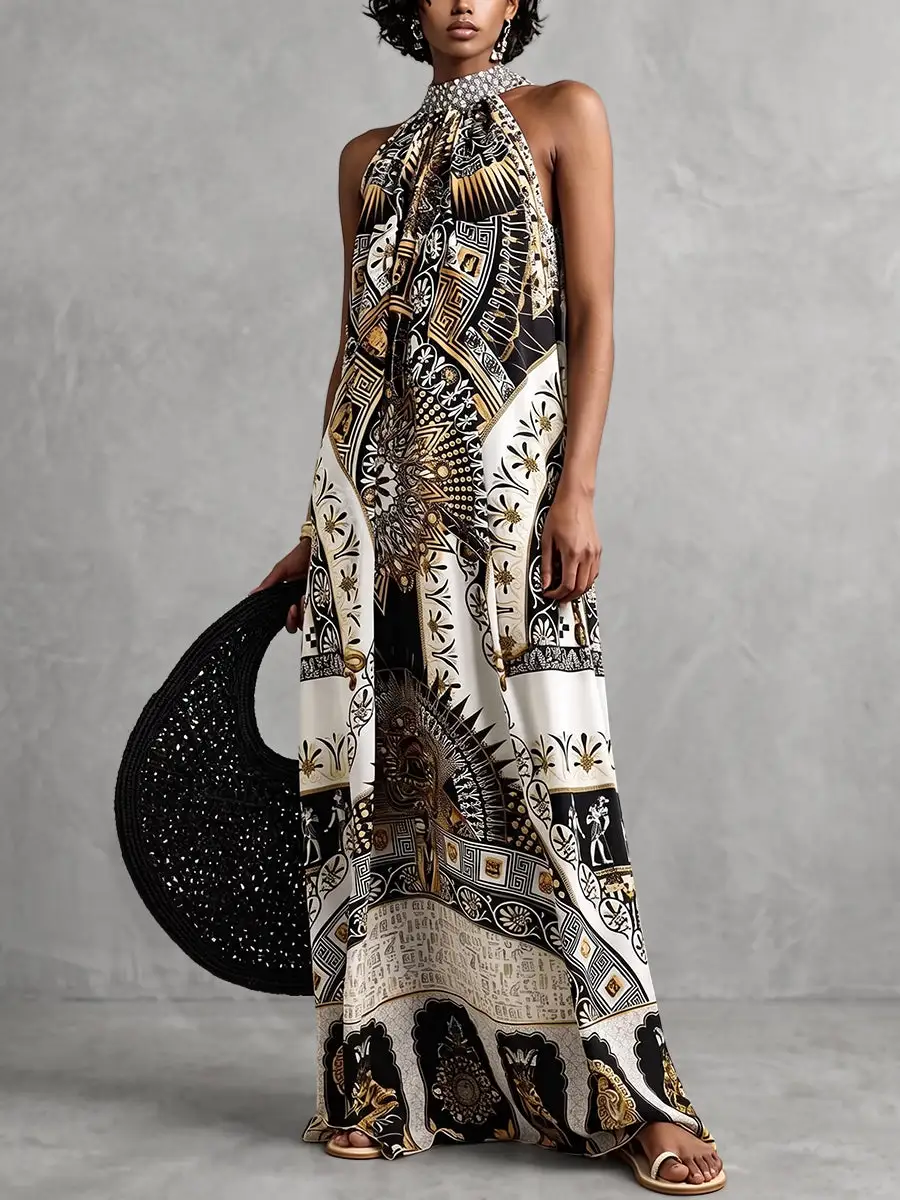 Zipper Printed Neck Maxi Dress