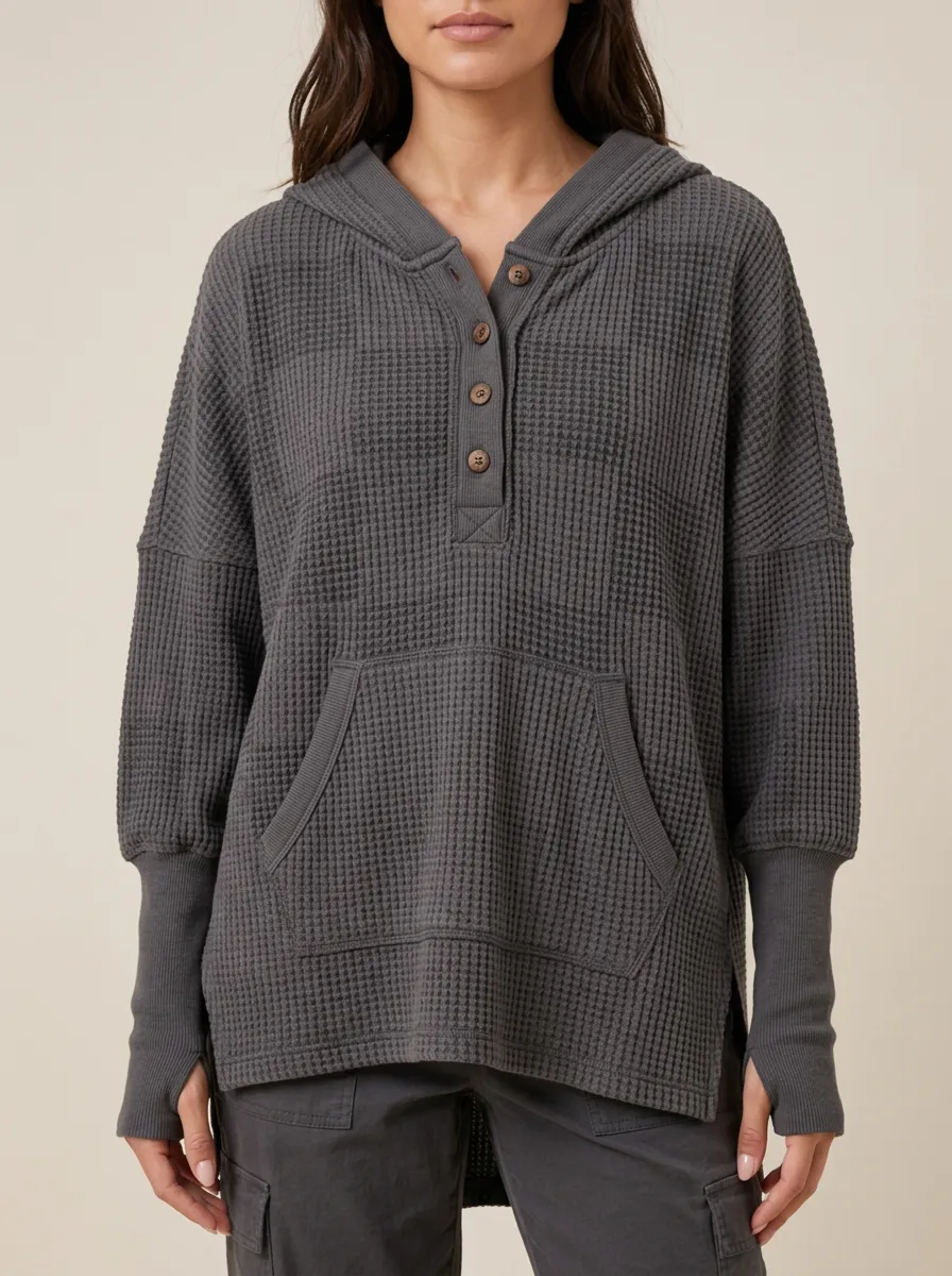 Relaxed Everyday Casual Waffle Knit Button Hooded Long Sleeve Top