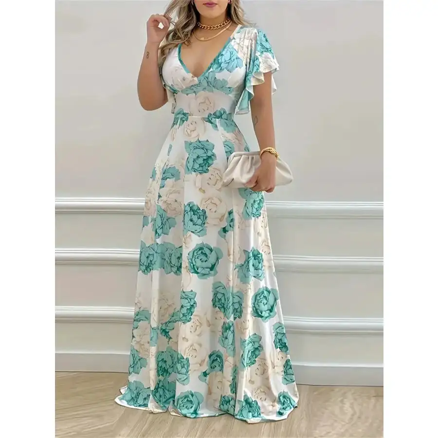 Plus Size Floral Print V Neck Maxi Dress with Flutter Sleeves