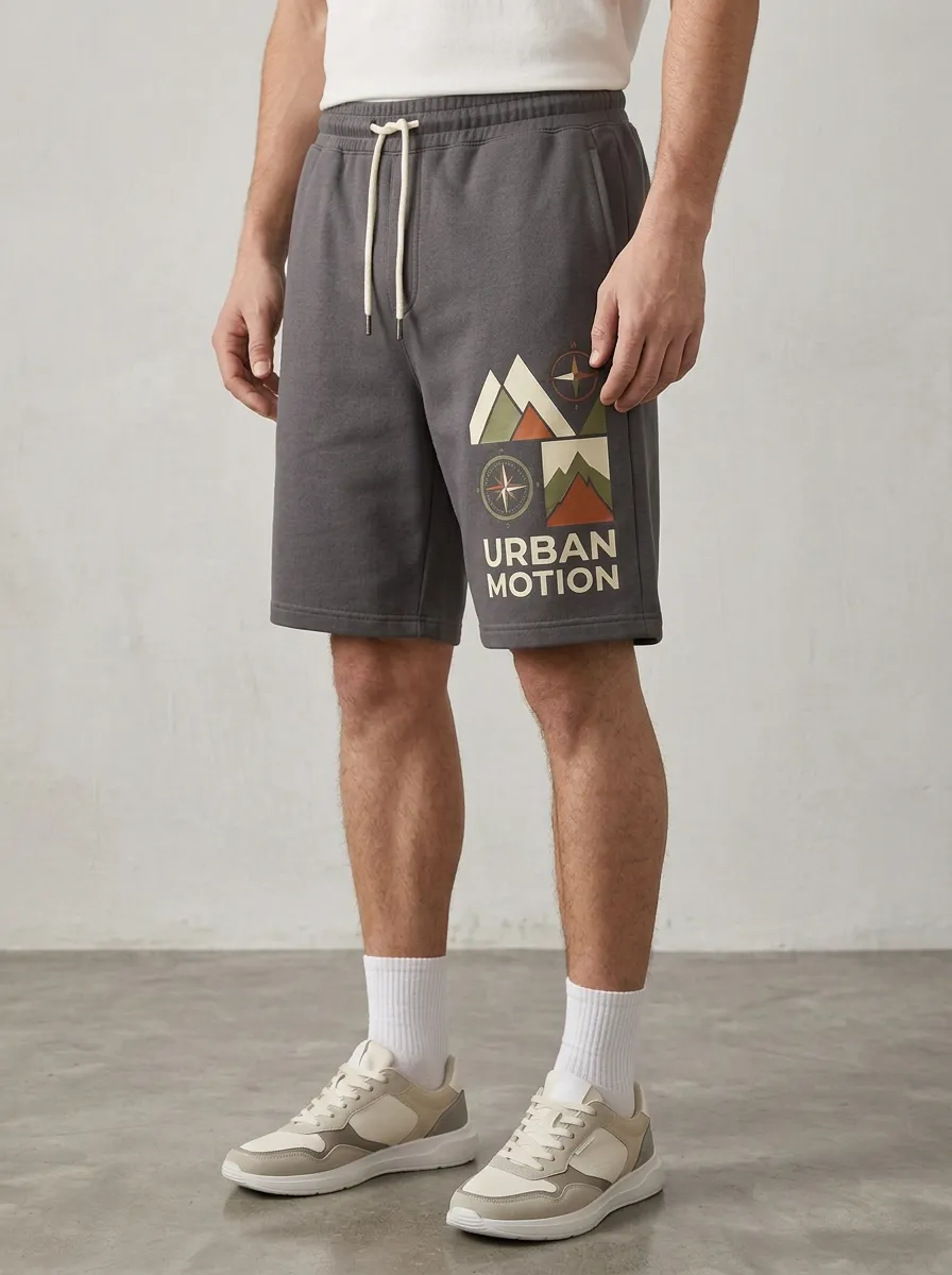 Men's Mountain Compass Drawstring Elastic-Waist Printed Sweat Shorts