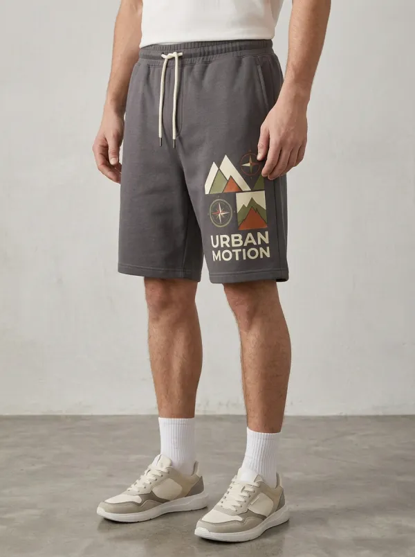 Men's Mountain Compass Drawstring Elastic-Waist Printed Sweat Shorts
