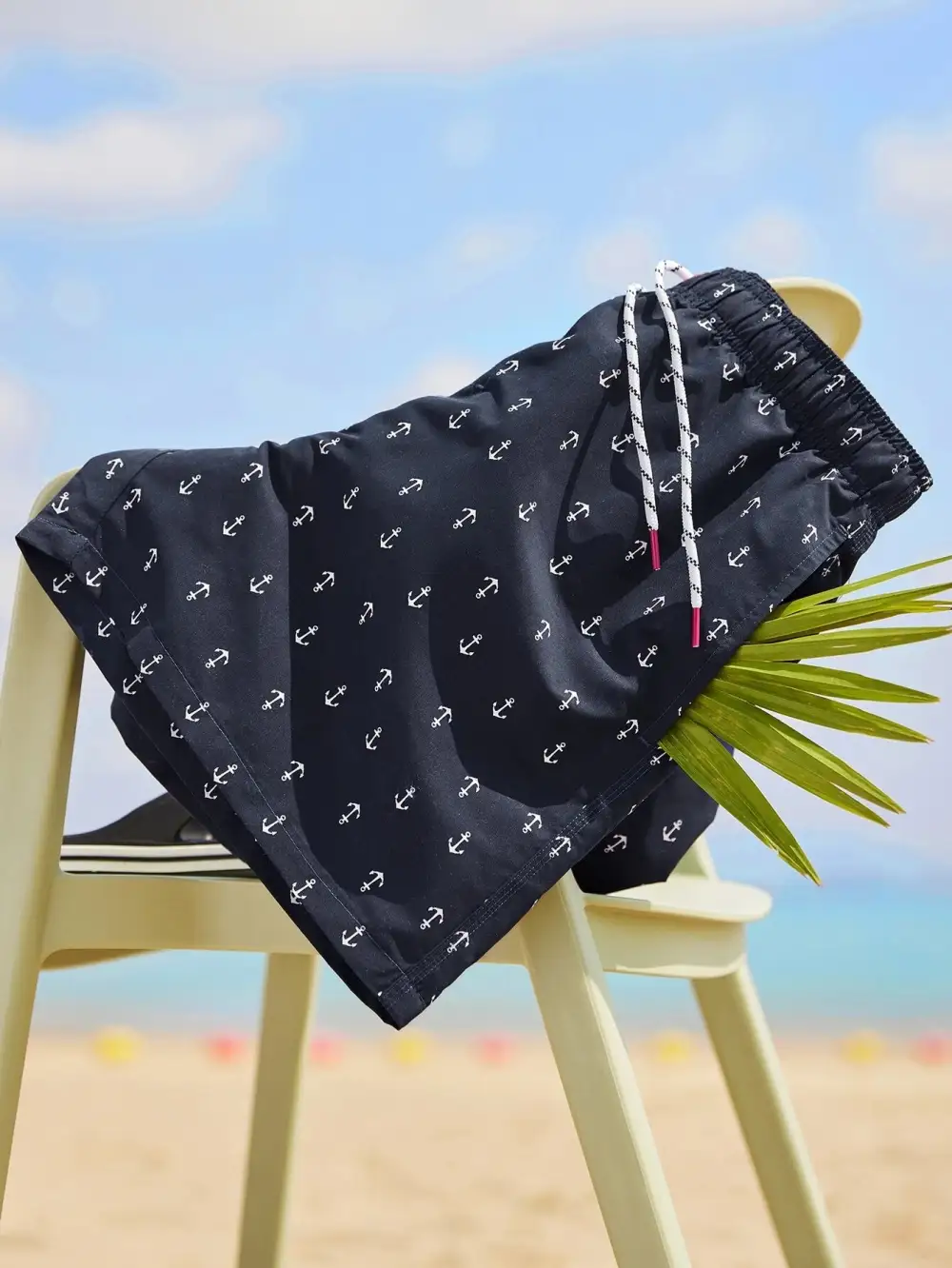 Men's Allover Anchor Print Drawstring Swim Trunks