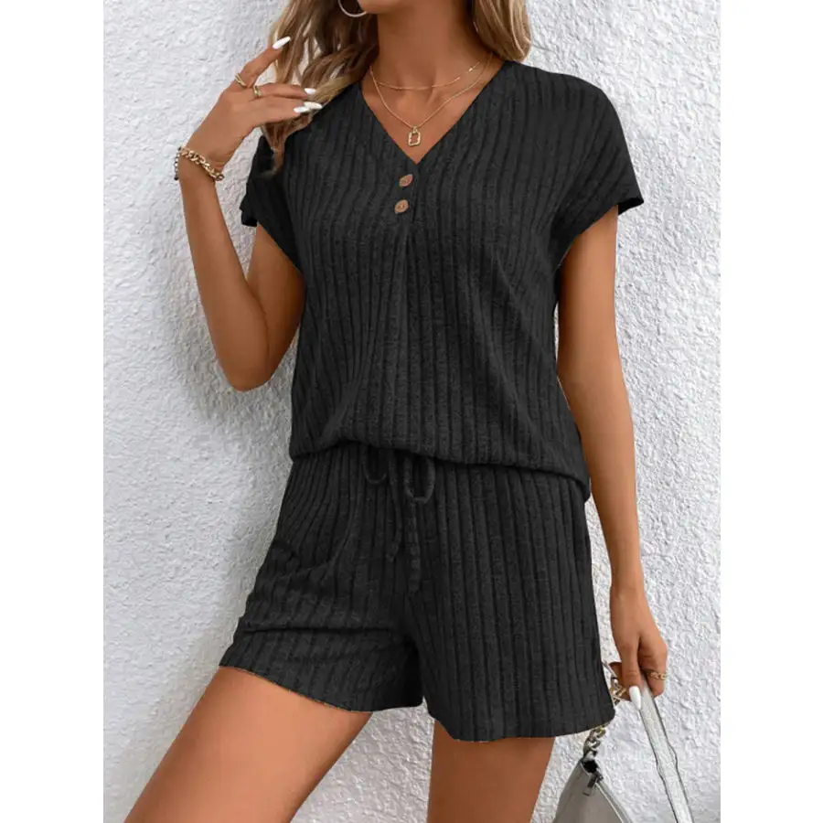 Ribbed V Neck Top and Shorts Set