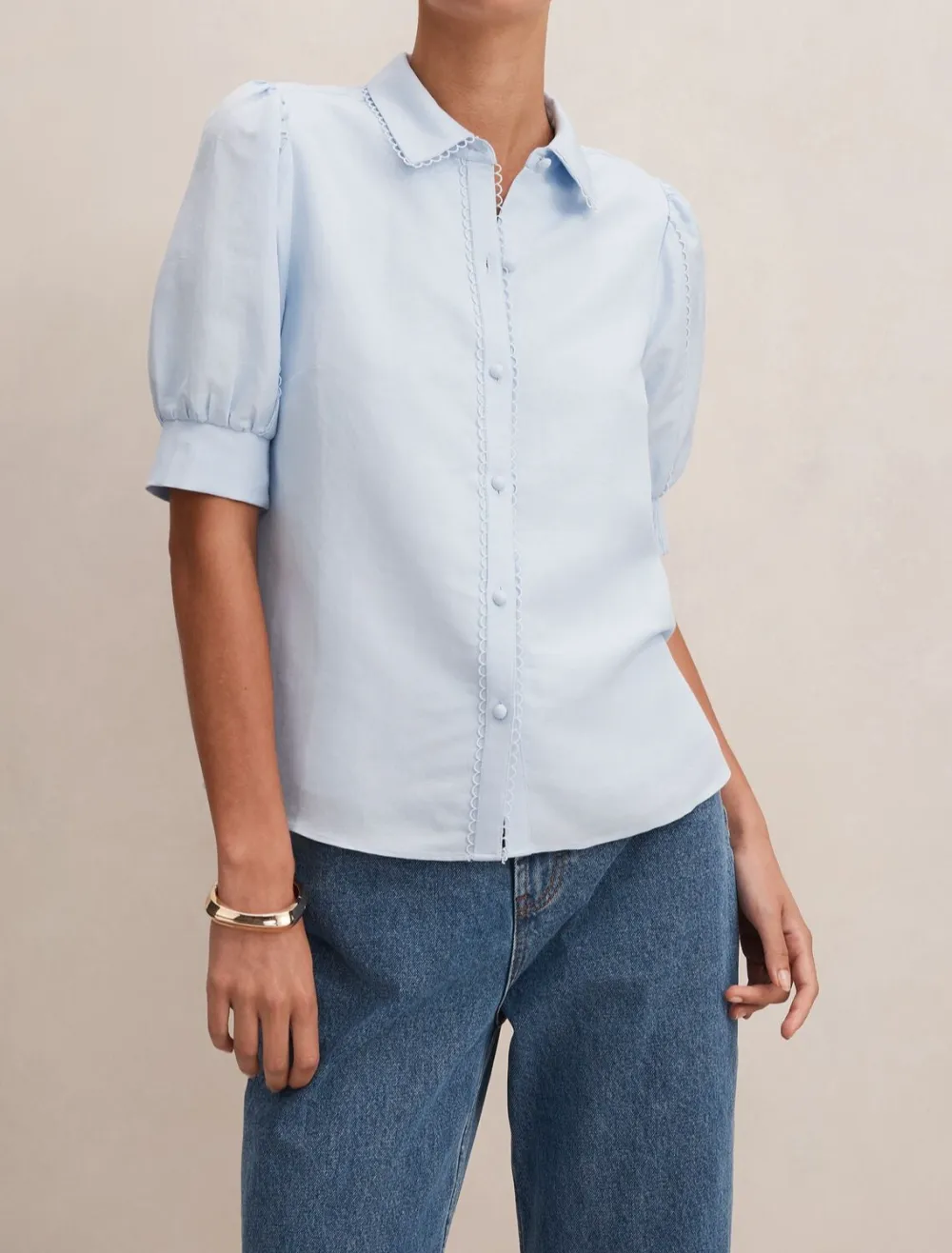 Light Blue Short Sleeve Button-Up Blouse