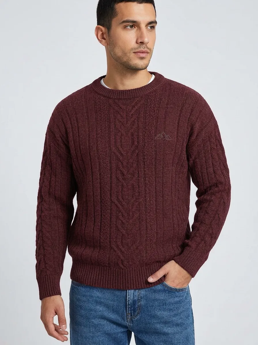 Men's Charcoal Grey Cable Knit Crewneck Sweater