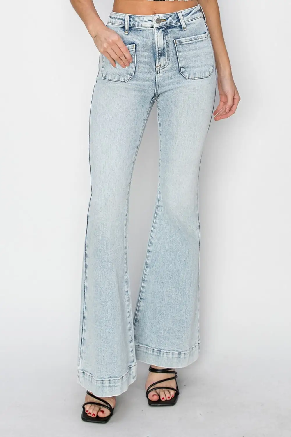 Structured High Waist Flare Leg Pocketed Denim Jeans