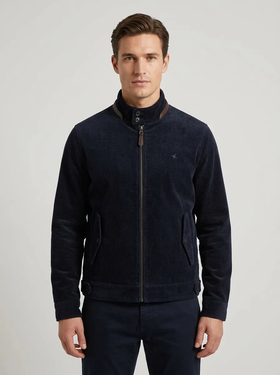 Men's Casual Navy Corduroy Stand Collar Zip-Up Jacket