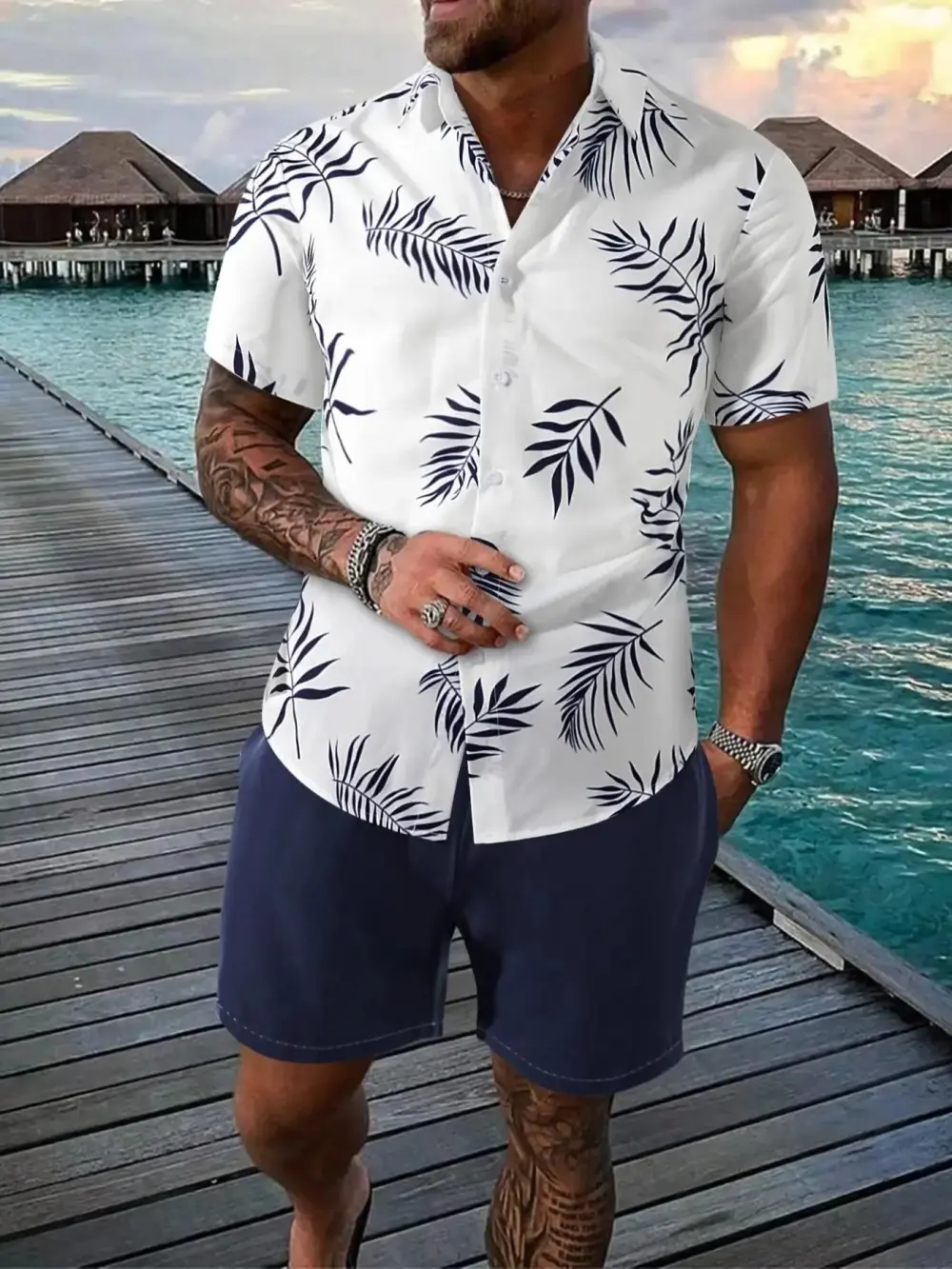 Men's Leaf Print Hawaiian Shirt & Drawstring Waist Short Set