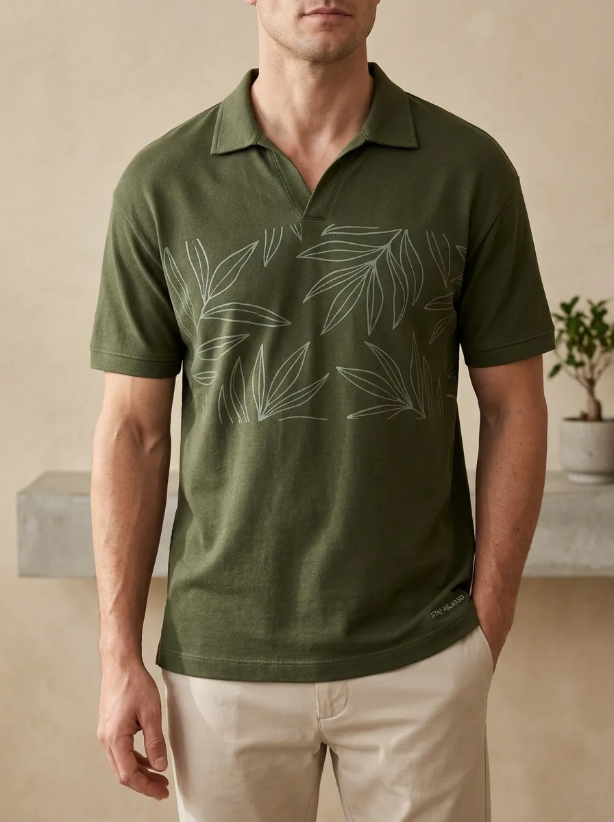 Refined Botanical Leaf-Pattern Men's Polo Shirt