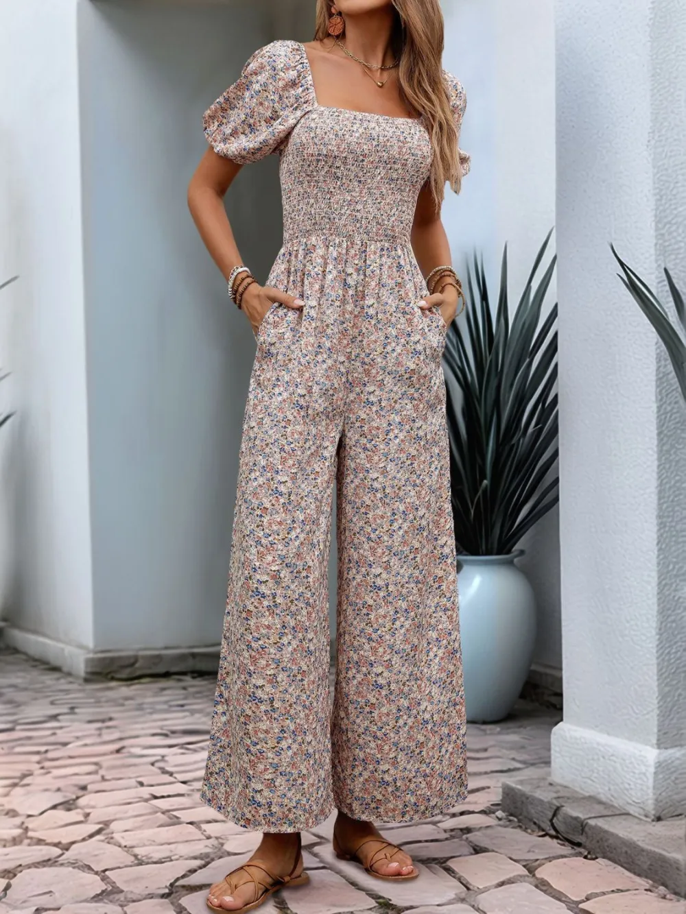 Ditsy Smocked Square Neck Puff Sleeve Jumpsuit