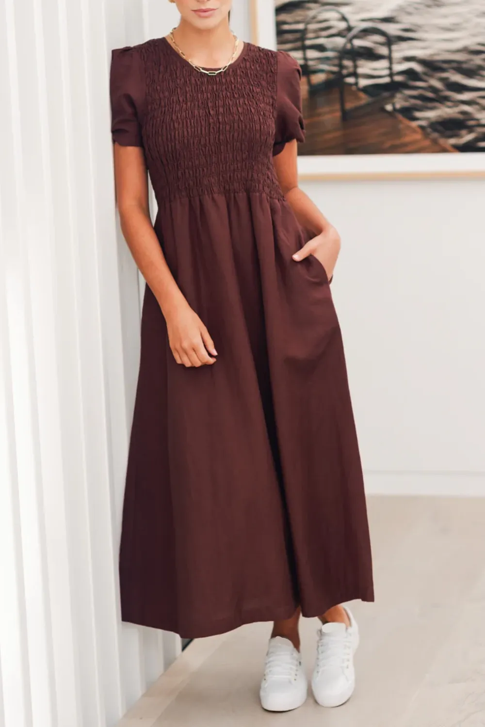 Linen Blend SS Shirred Bodice Midi Dress