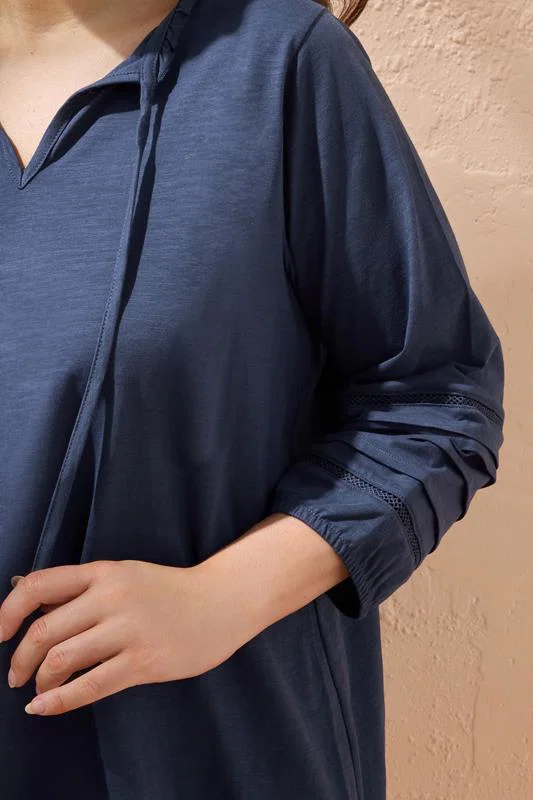 Navy Blue Tie Neck Cotton Top detail 3