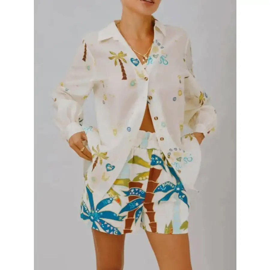 Casual Printed Button Up Shirt and Shorts Set