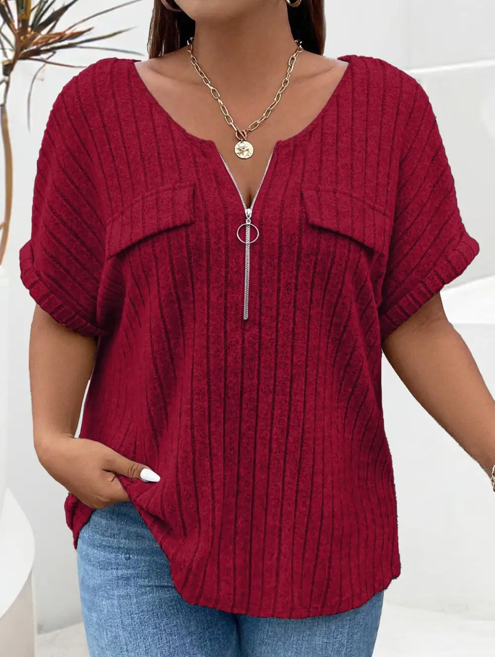 Ribbed V-Neck Knit Top