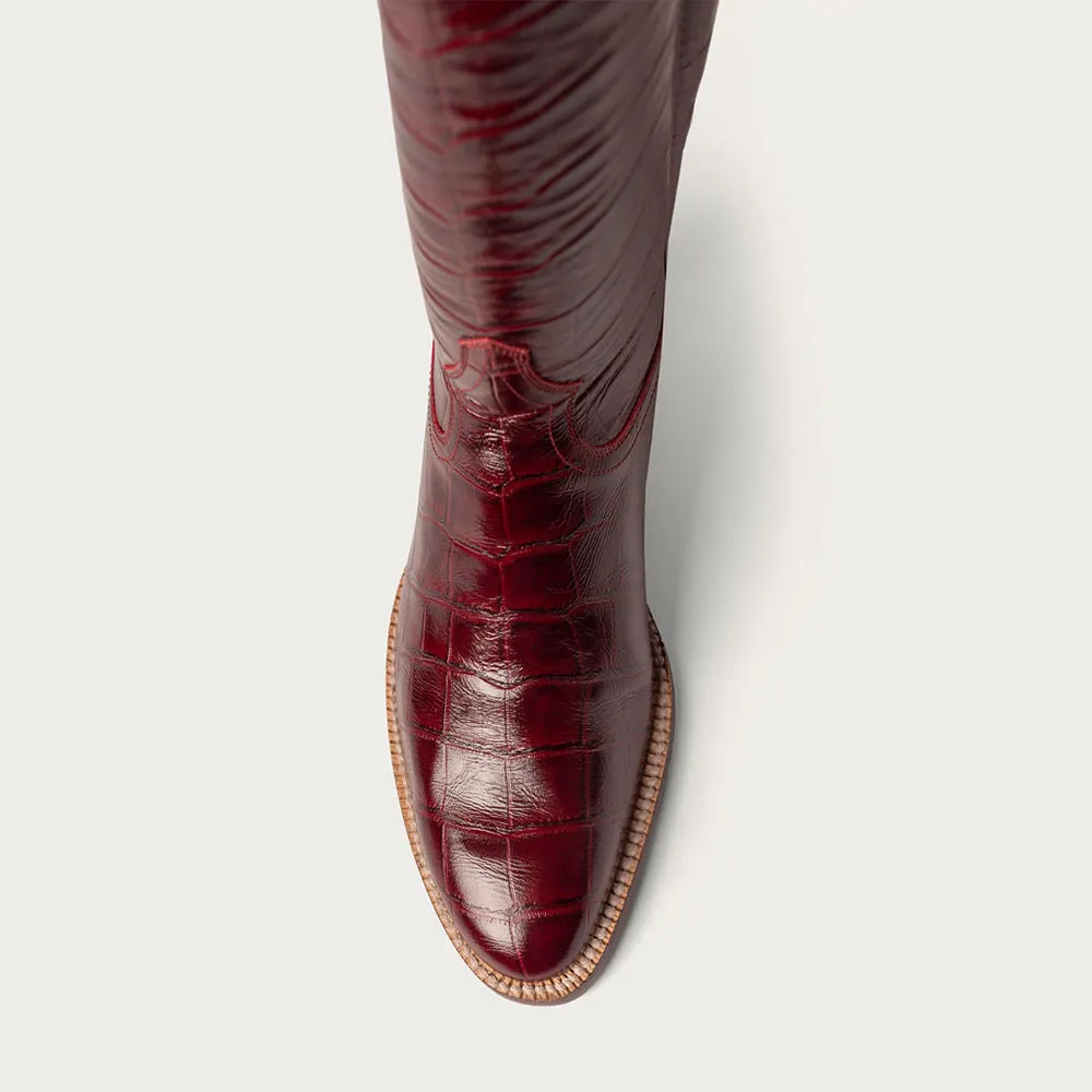 Faux-Leather Crocodile-Embossed Round-Toe Chunky-Heel Knee-High Boots