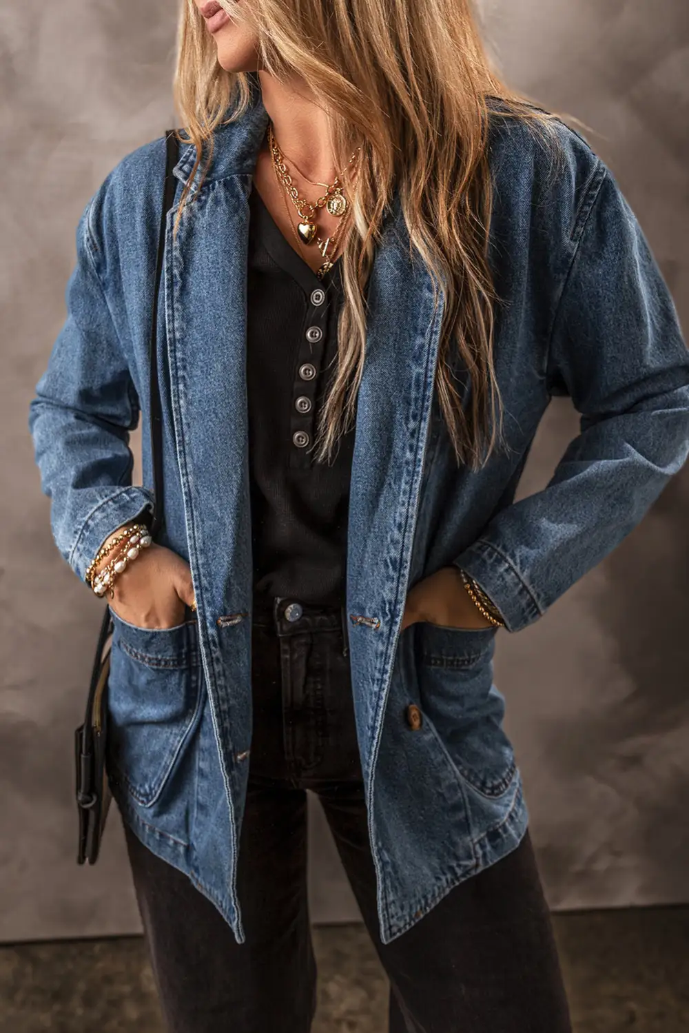 Lapel-Collar Collared Denim Pocketed Jacket