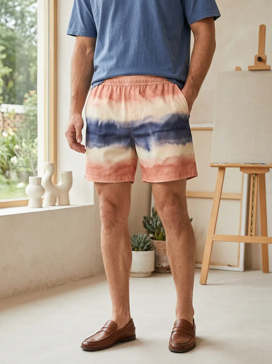 Men's Beachwear Tie Dye Striped Elastic Waist Shorts