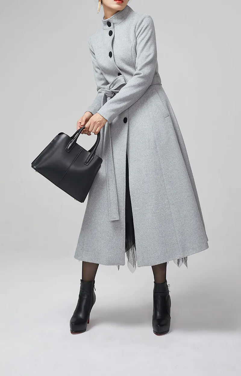 Wool Blend Fit and Flare Belted Stand Collar Pocketed Midi Coat