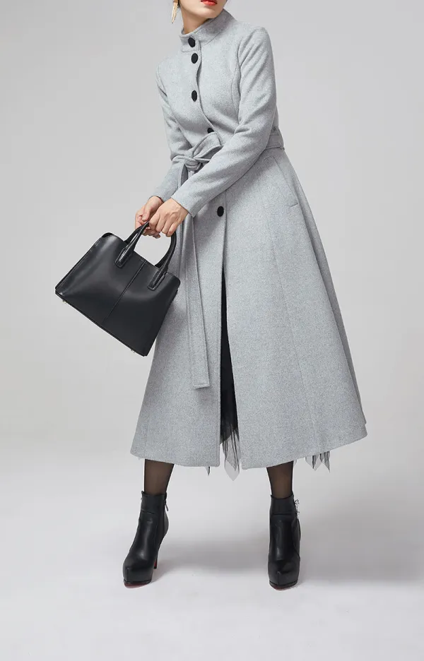 Wool Blend Fit and Flare Belted Stand Collar Pocketed Midi Coat
