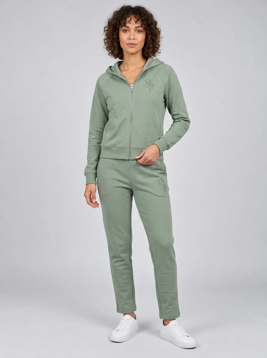 Women's Sage Green Botanical Leaf Embroidered Zip-Up Hoodie Jacket & Straight-Leg Pants Set