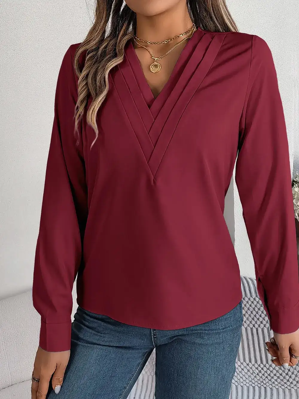 Textured V-Neck Long Sleeve Blouse