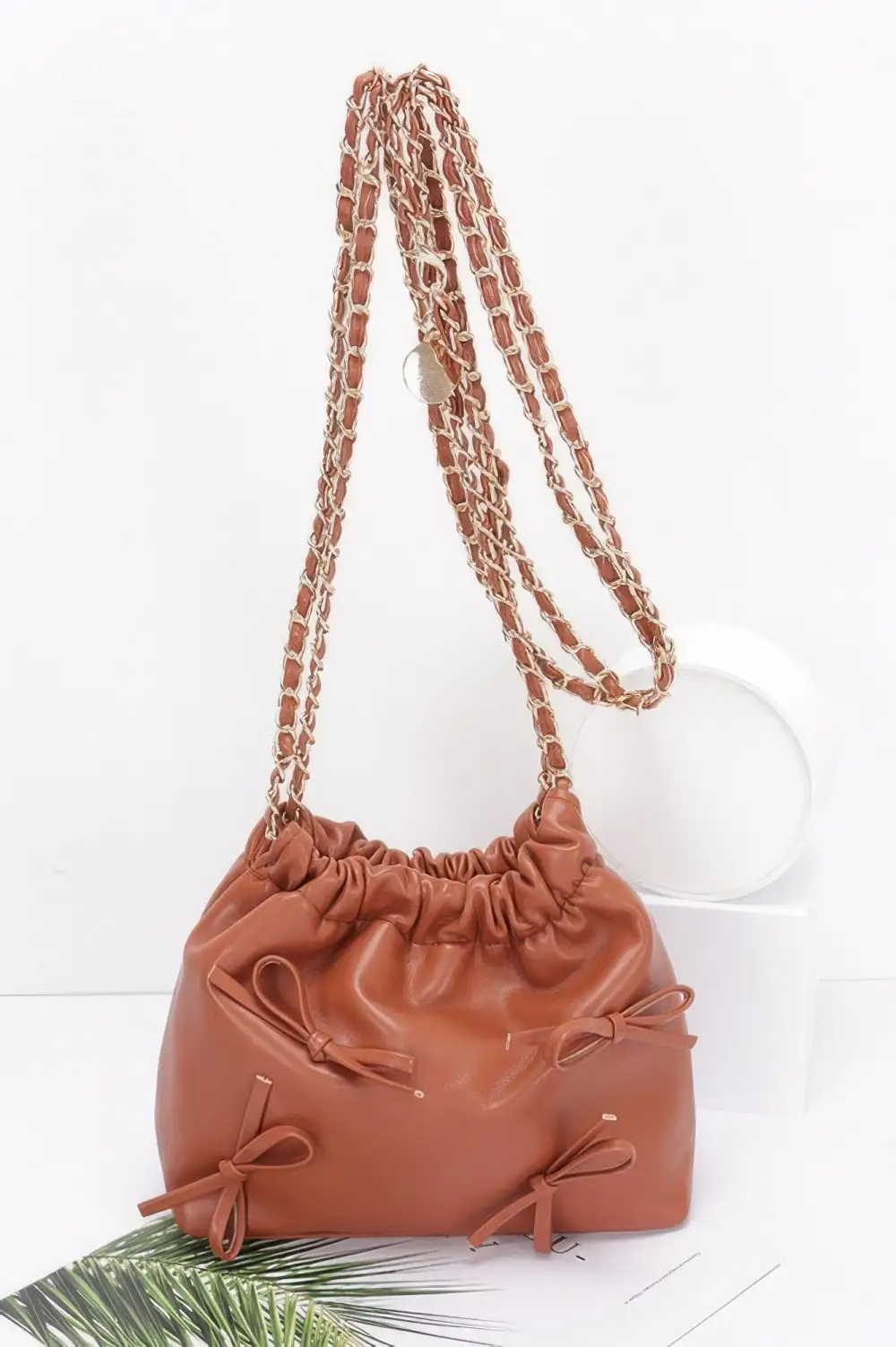 Faux Leather Multi Ribbon Bucket Chaincrossbodybag Crossbody Bag