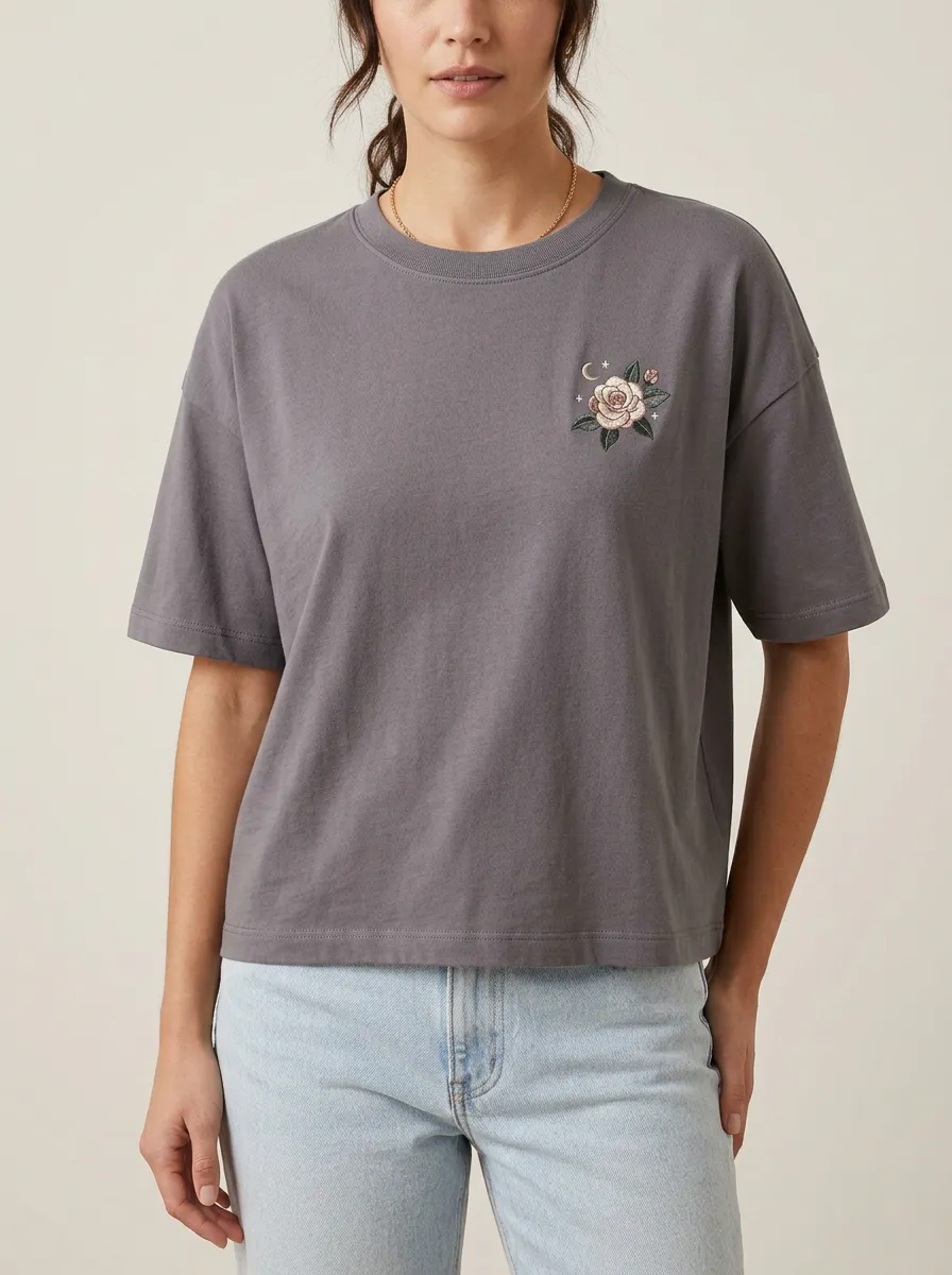 Women's Celestial Rose Embroidered Crewneck T-Shirt