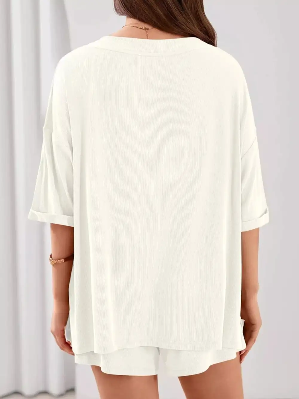 Casual Solid Color V Neck Top and Shorts Set