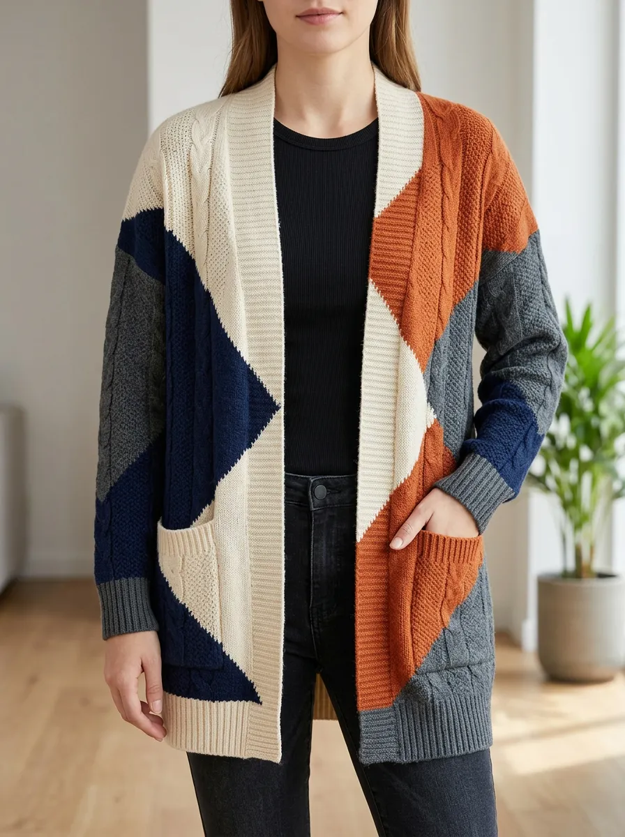 Women's Geometric Colorblock Cable Knit Open Front Cardigan
