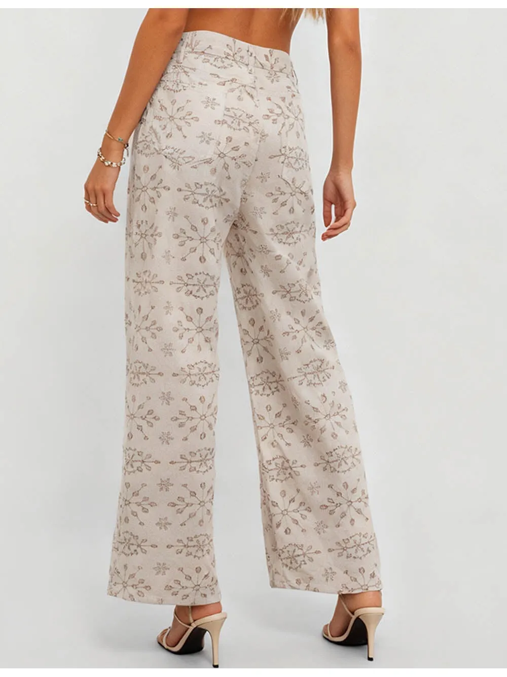 Geometric Jacquard Button Front Wide Leg Denim Pants