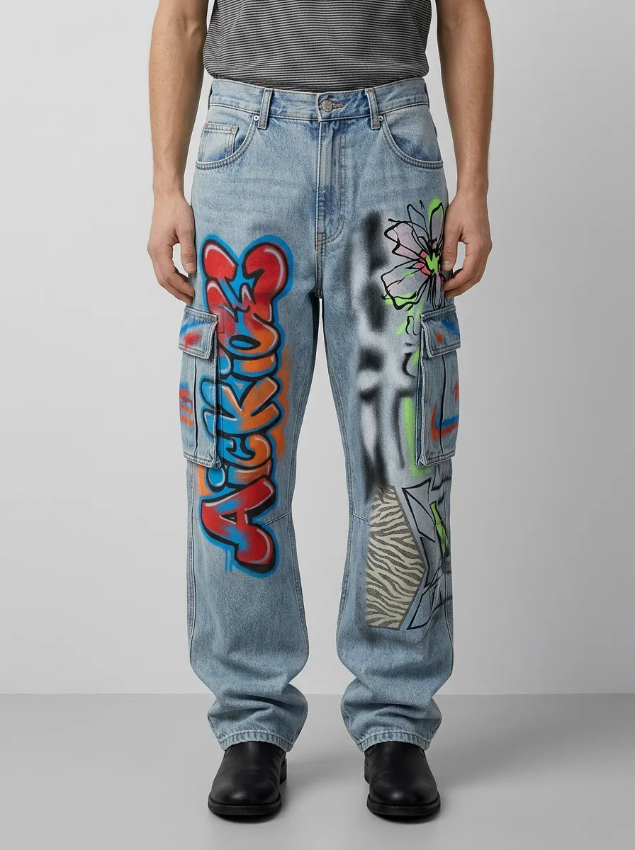 Men's Canvas Graffiti Floral Graphic Cargo Jeans