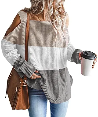 Women's Cold Shoulder Oversized Sweaters Batwing Long Sleeve Square Neck Chunky Knit Fall Tunic Sweater Tops