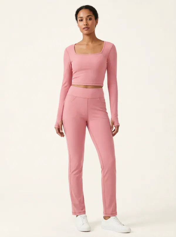 Women's Ribbed Square-Neck Thumbhole Crop Top and Faux-Pocket Trouser Set