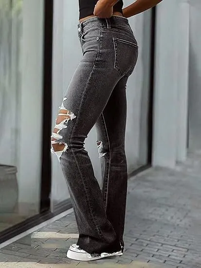 Distressed Flare Leg Denim Jeans