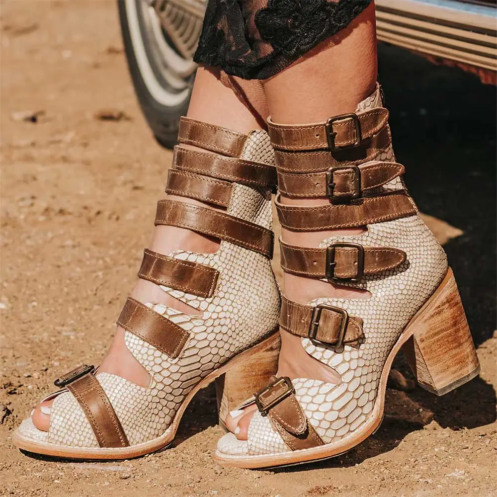 Faux-Leather Snakeskin-Print Buckle-Detail Strappy Ankle Boots