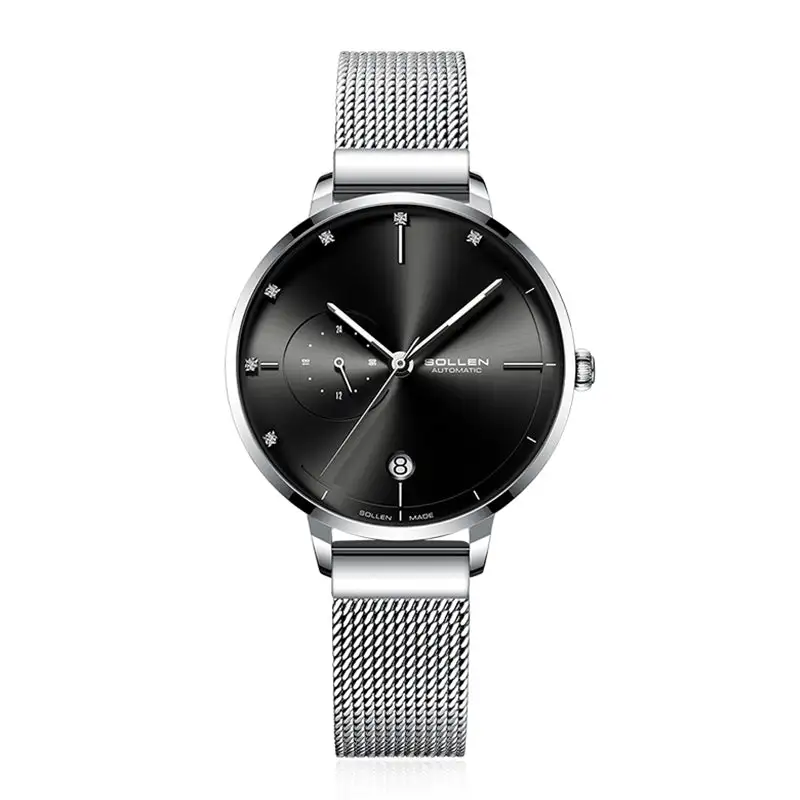 Sollen SL416 Women's Automatic Mechanical Watch - 36mm Stainless Steel Case Slim 9.9mm 24-Hour Subdial Date Mesh Bracelet Wristwatch