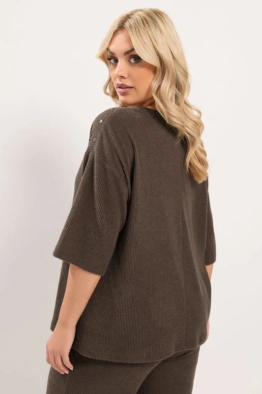 Chocolate Brown Ribbed Studded Top detail 2