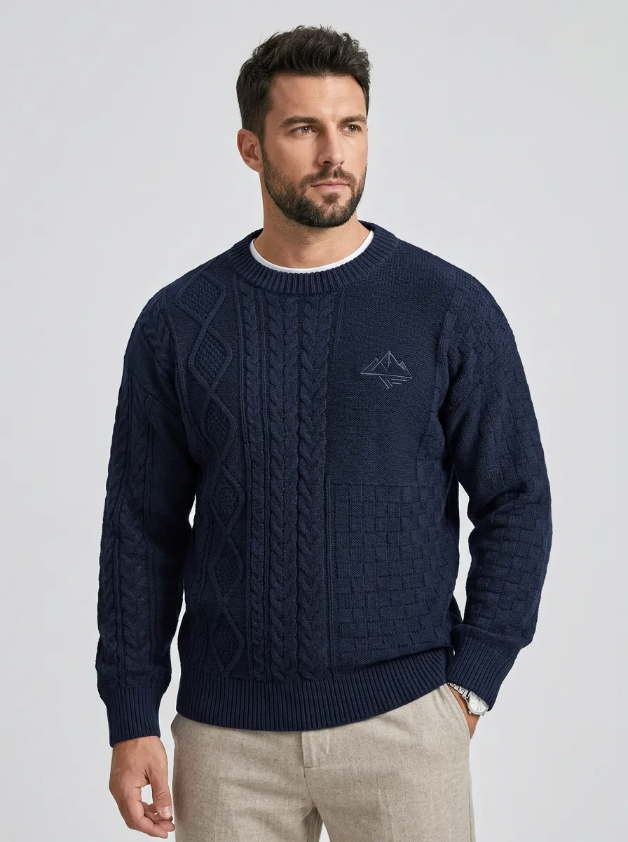 Men's Navy Blue Outdoor Mountain Embroidered Knit Sweater