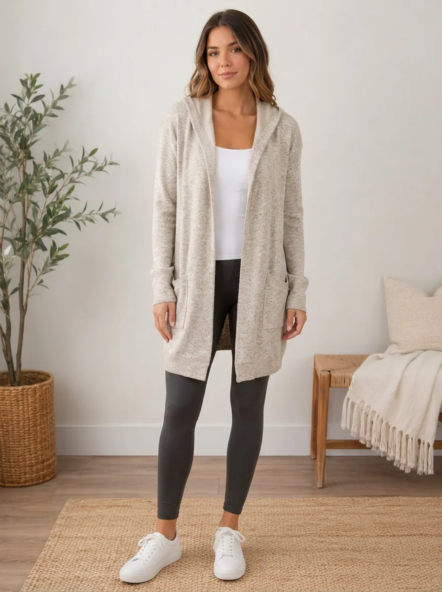 Women's Heathered Hooded Open-Front Cardigan Ribbed-Knit