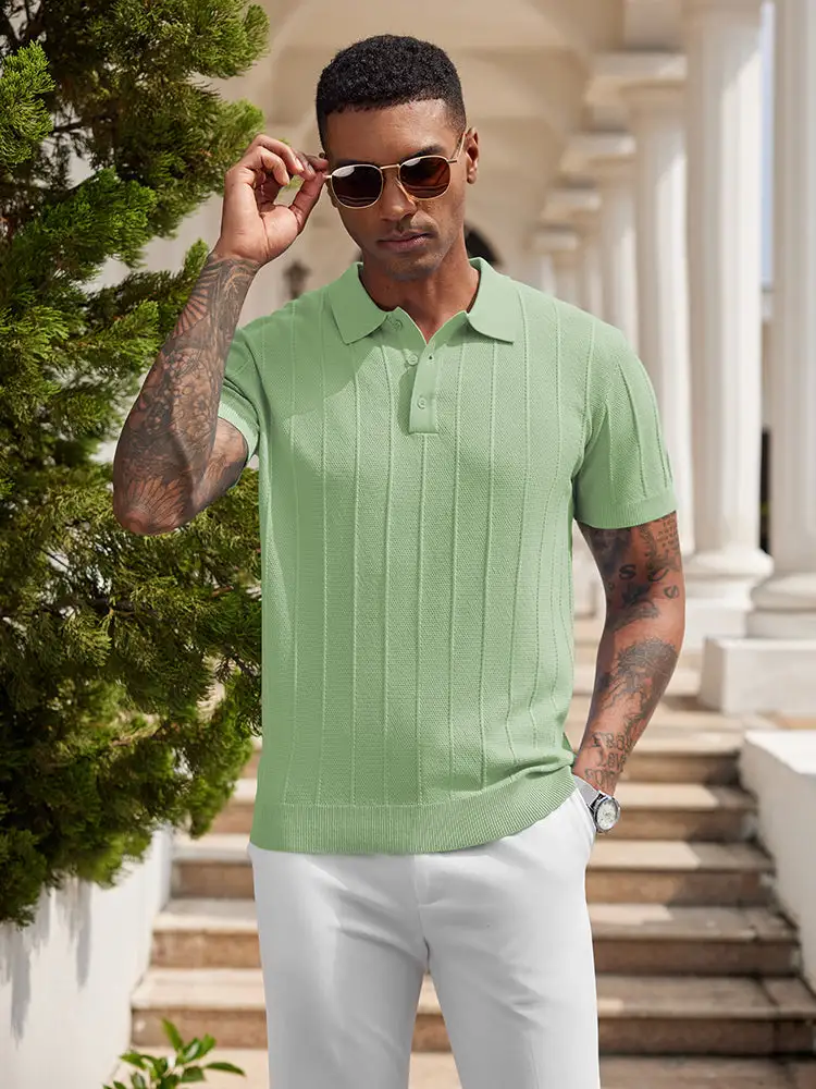 Ribbed Textured Knit Polo Shirt